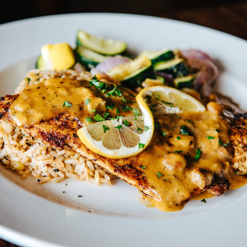 Grilled fish fillets with lemon cream sauce, rice, roasted zucchini, and peppers garnished with parsley on a white plate.