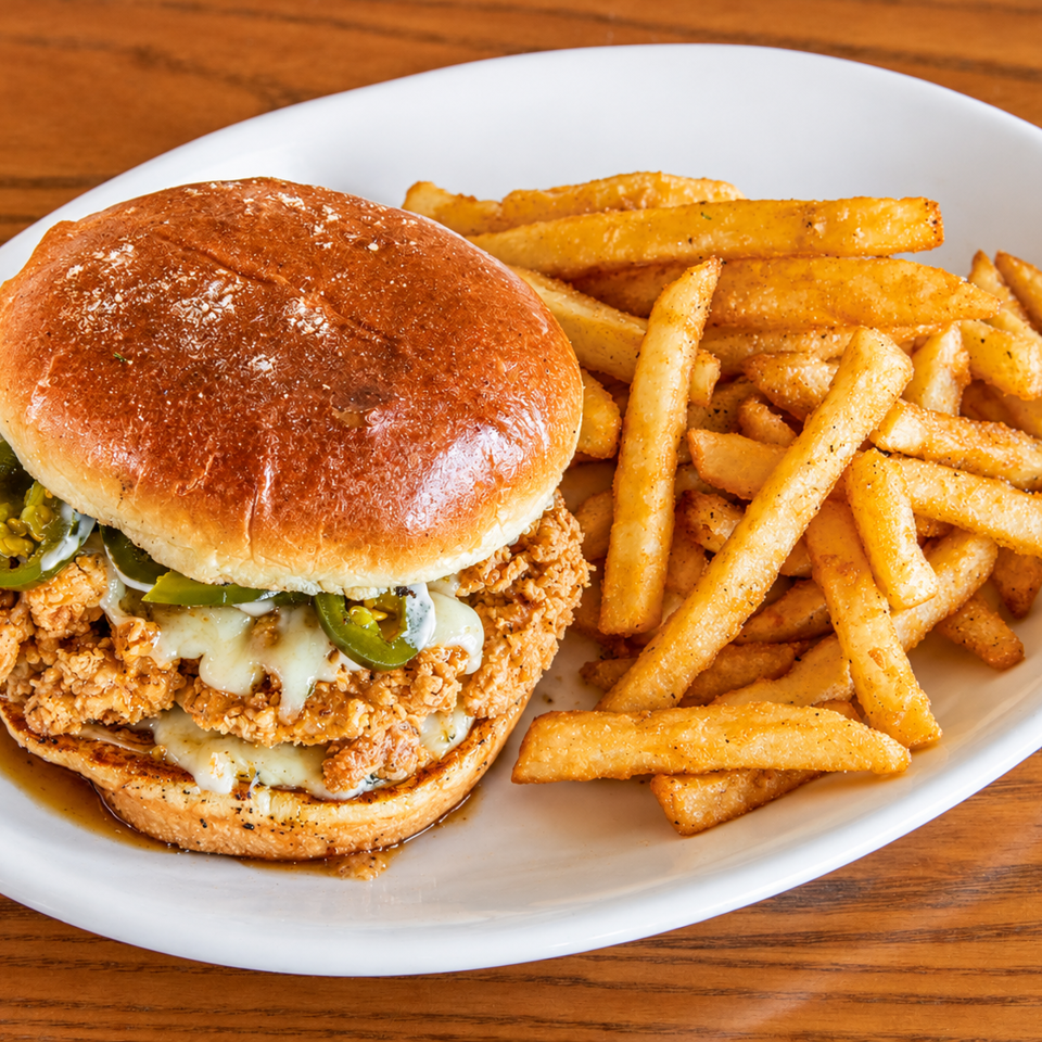 Crispy fried chicken sandwich topped with jalapeños and melted cheese, served with seasoned fries on a white plate.