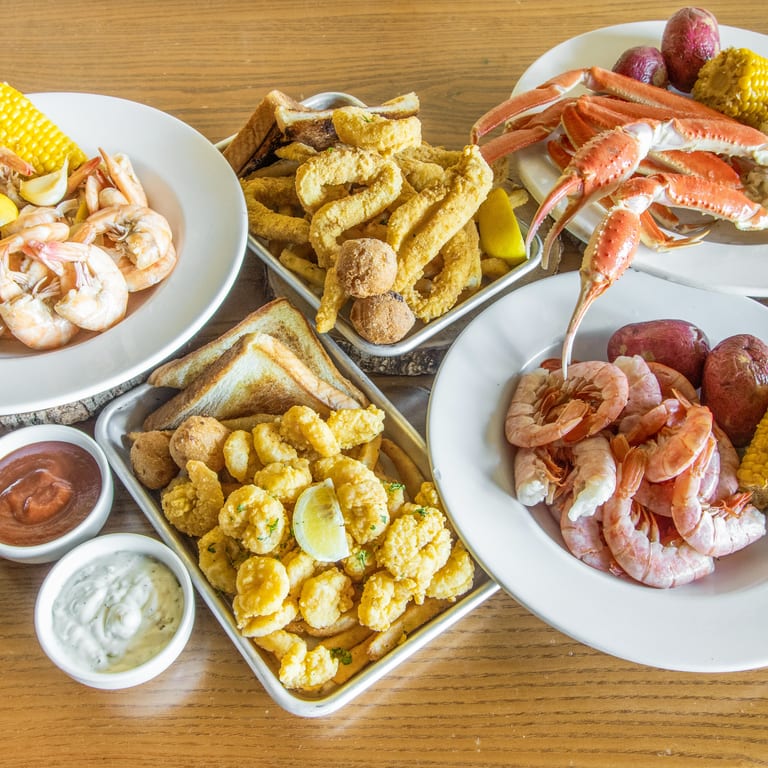 Seafood, pasta, and dessert